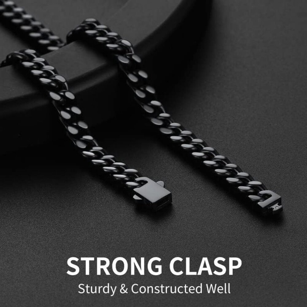 Men's Black 7mm Width Steel 18K Gold Plated Durable Hip Hop Cuban Chain Jewelry - Picture 3 of 7